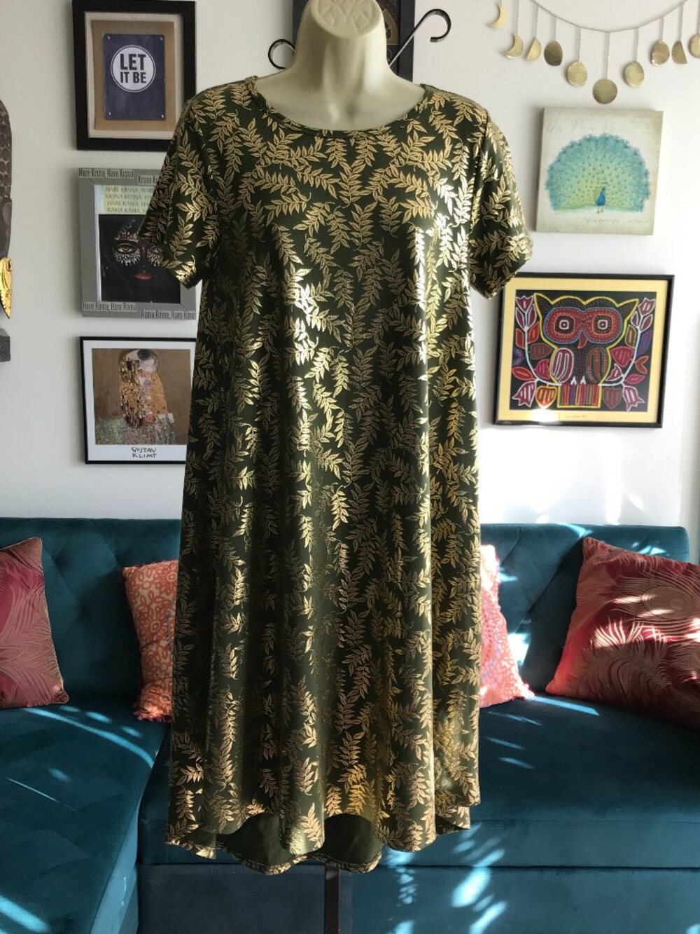 LuLaRoe size XS Elegant Collection Carly Green Metallic Foil Gold Leaves Dress
